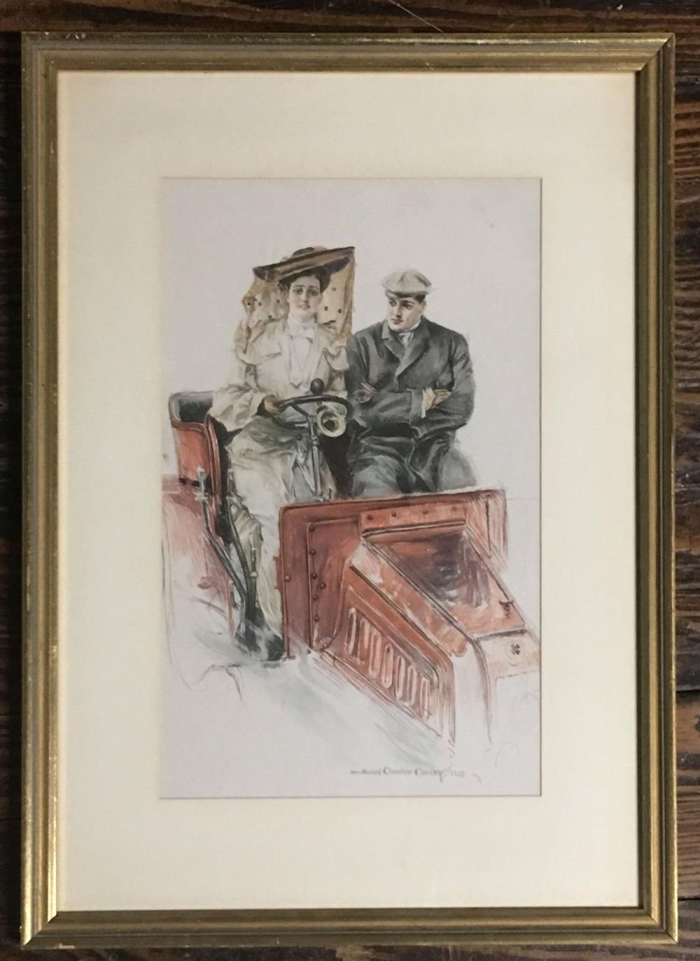 Framed black-and-white print showing a seated couple in period-style clothing next to a large open-topped vehicle or carriage.