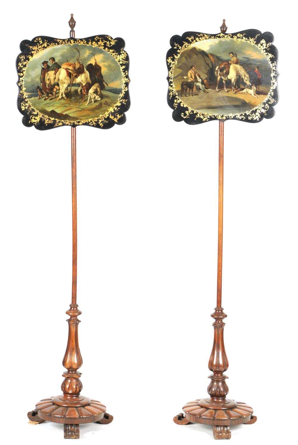 Edwin Landseer comparable auction result: a pair of 19th century rosewood pole screens with lacquered papier mache pole screens after edwin landseer