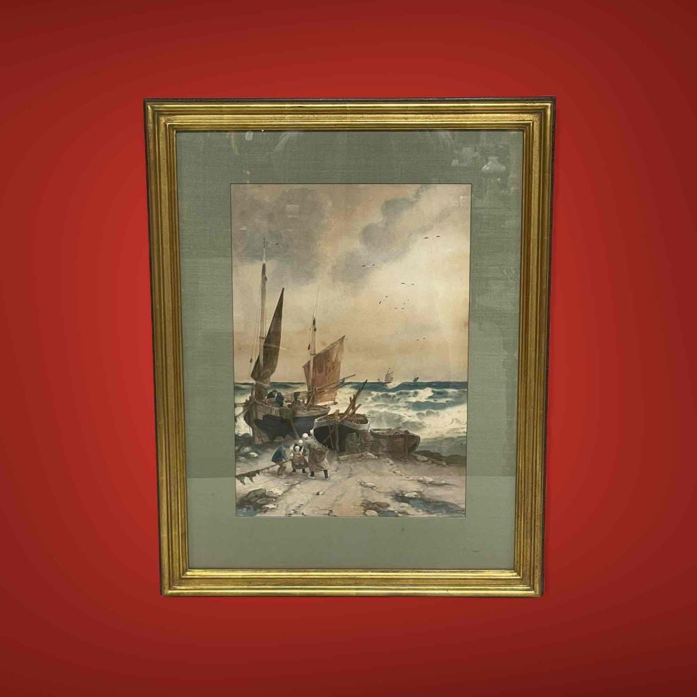 Theodor Alexander Weber comparable auction result: theodore weber watercolor aquatint fishing ships scene