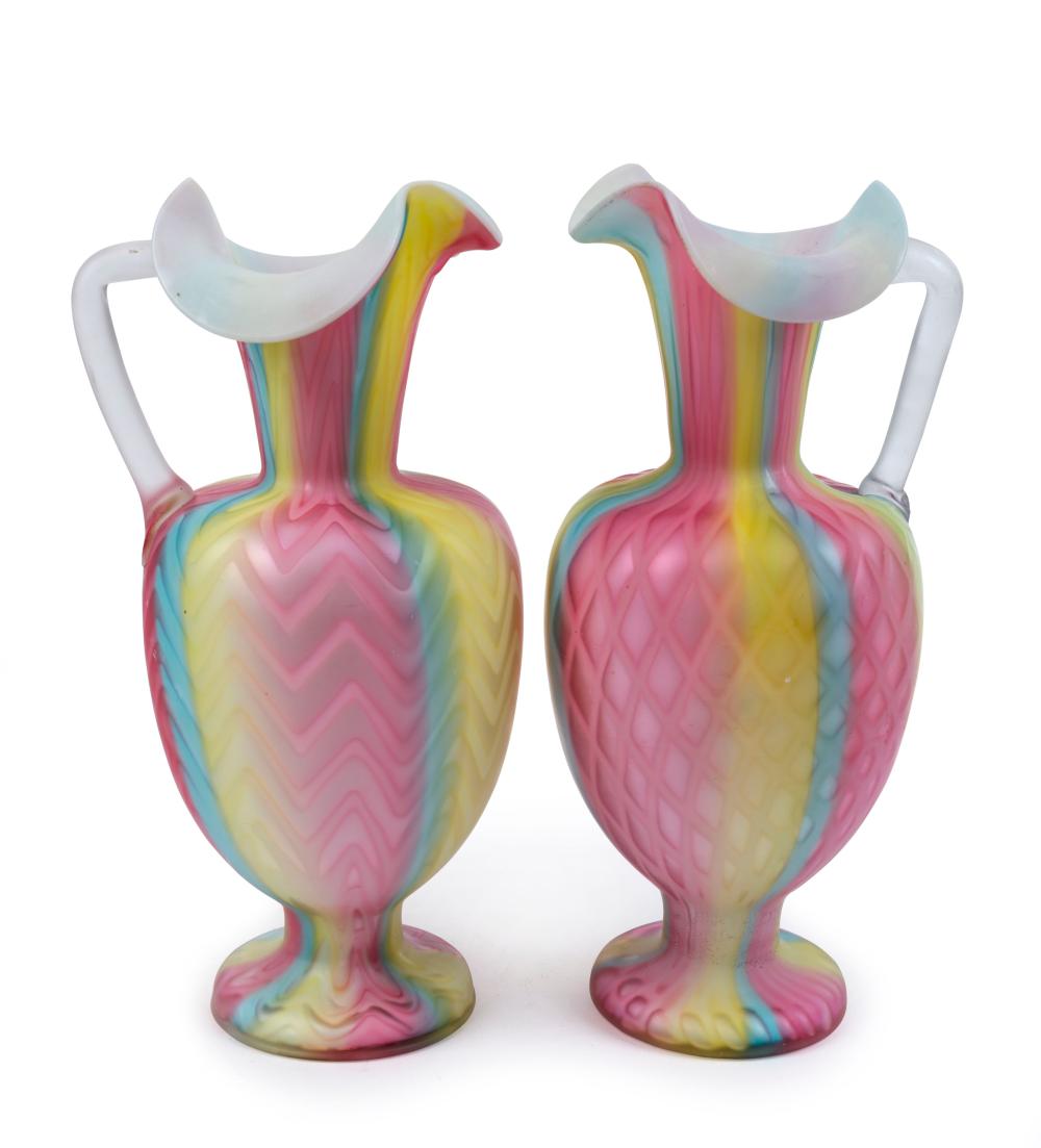 FRATELLI TOSO pair of Italian pastel "MOP" glass jugs, circa 1960s, pencil inscription "6/6 pair", 23cm high sold by Leski Auctions Pty Ltd, lot 369 — auction record photograph