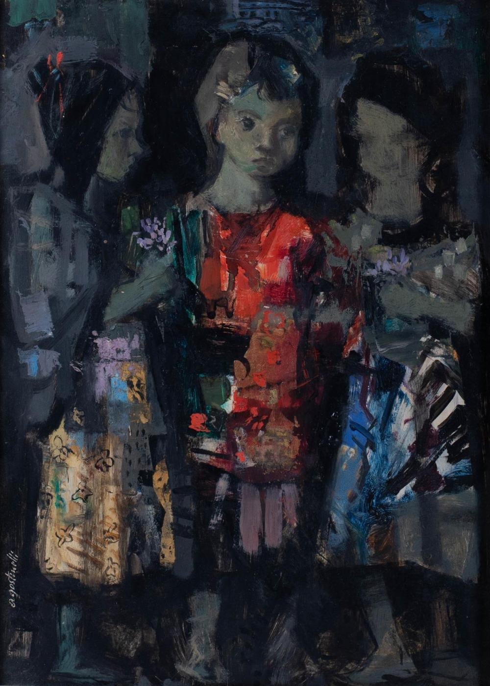 Mario Agostinelli comparable auction result: mario agostinelli american 1915 2000 three little girls oil on board 12 x 8 5 8 in 20 1 4 x 17 in framed