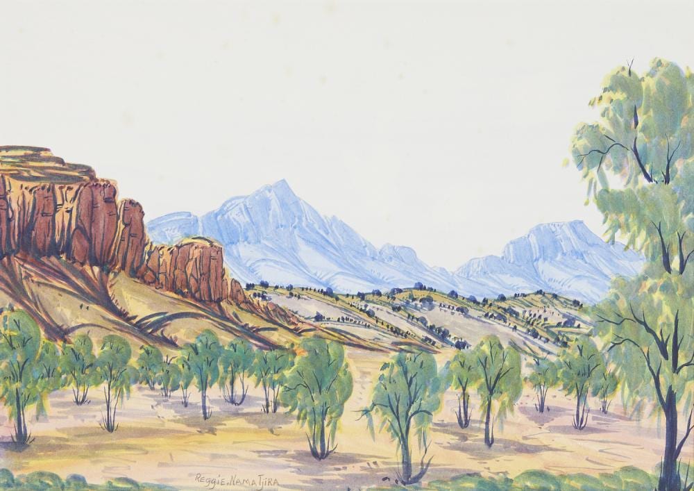 Reggie Namatjira comparable auction result: reggie namatjira born c 1946 ironwood and mulgas 1970 watercolour on fashion board