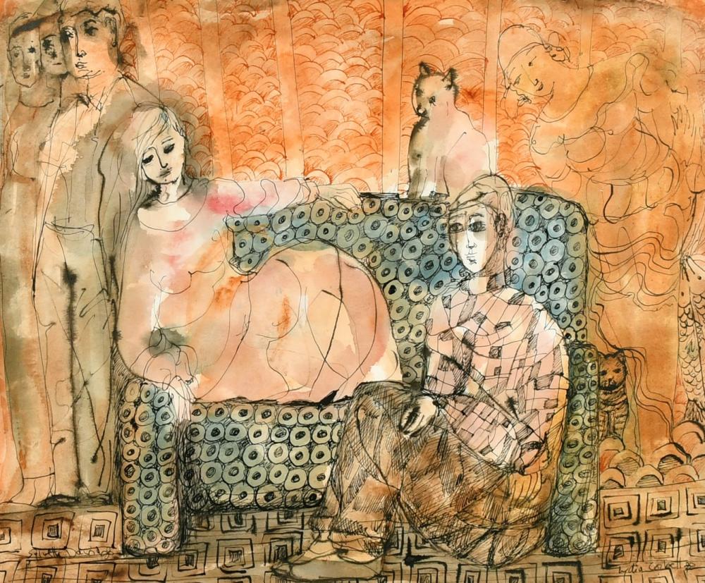 Lydia Corbett comparable auction result: lydia corbett b 1934 figures around a sofa ink and watercolour signed and indistinctly dated also signed