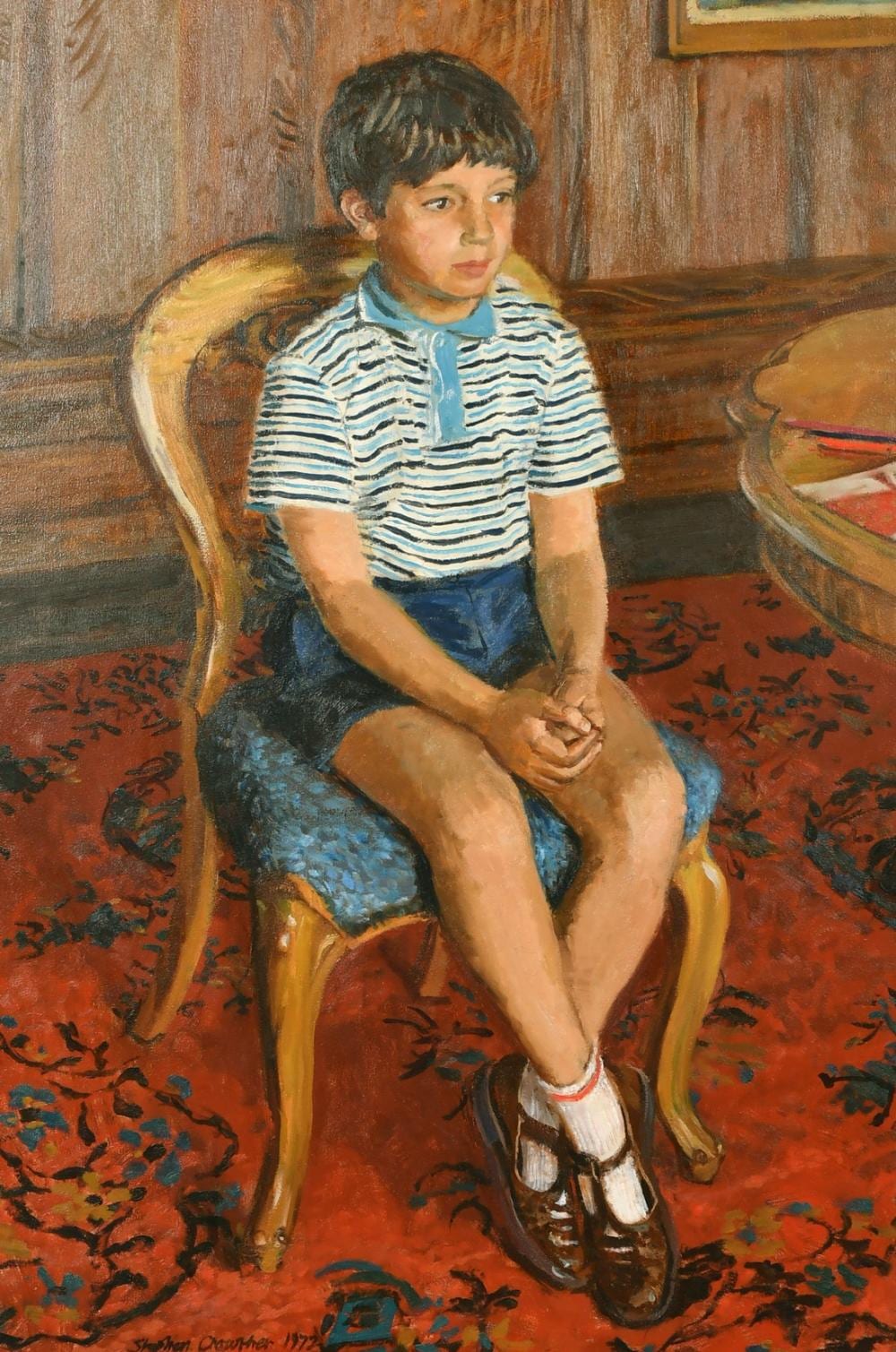 Deryck Stephen Crowther comparable auction result: stephen crowther 20th century portrait of a young boy seated peter watching television oil on board sig