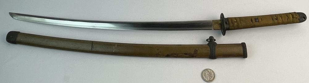Auction comp thumbnail for Vintage Original 1944 WWII Japanese Army Katana Samurai Sword w/ Ikari Tip and Steel Scabbard (One Source Auctions, Lot 145)