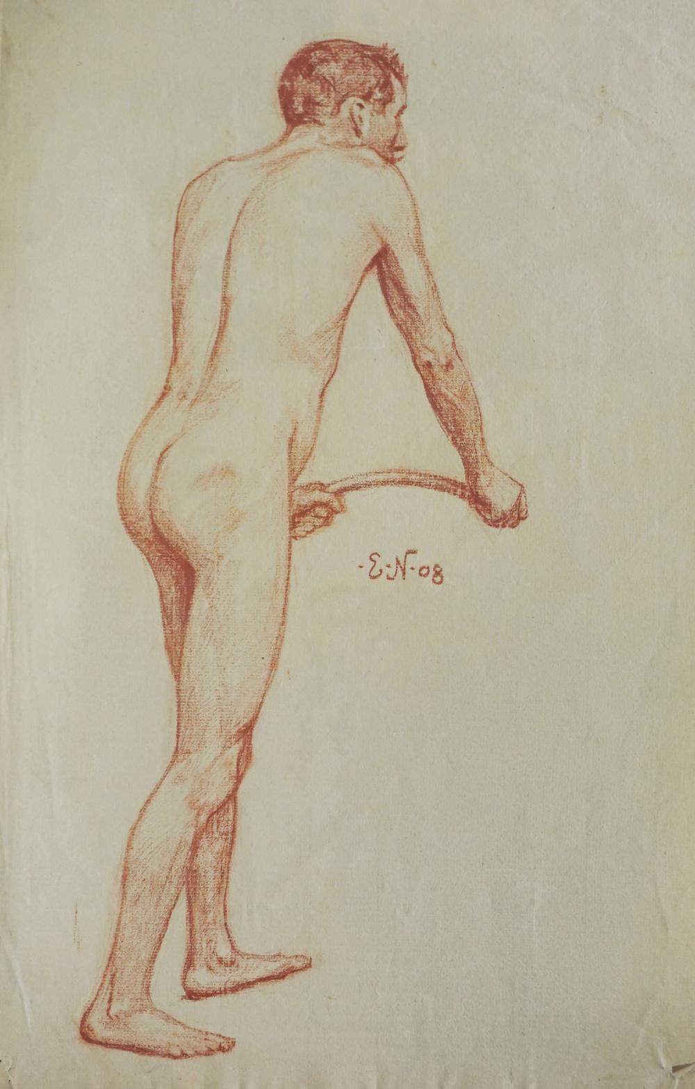 Erwin Nöbbe comparable auction result: erwin n bbe 1883 1948 stehender m nnerakt mit schn uzer und schlauch a standing male nude with moustache and a hose 1908