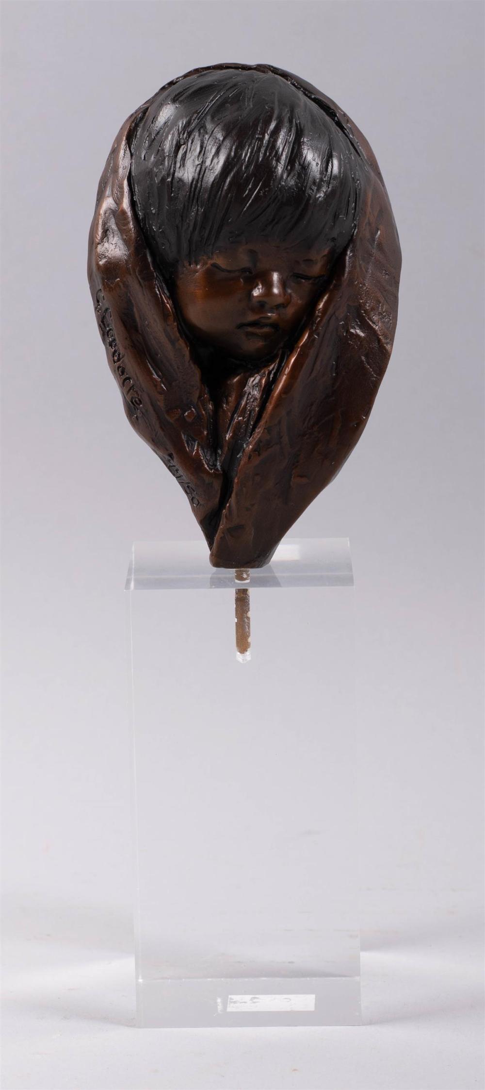 GLENNA GOODACRE (AMERICAN, 1939-2020), BRONZE THREE-QUARTER RELIEF OF "SON OF SACAGAWEA" Height: 4 1/2 in. (11.43 cm.) sold by Potomack Company, lot 13 — auction record photograph