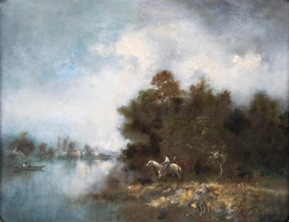 Paul Vernon comparable auction result: paul vernon french 1796 1875 river landscape with figures in the foreground oil on panel 12 3 4 x 16 1 4 in 18 x 21 1 2 in framed