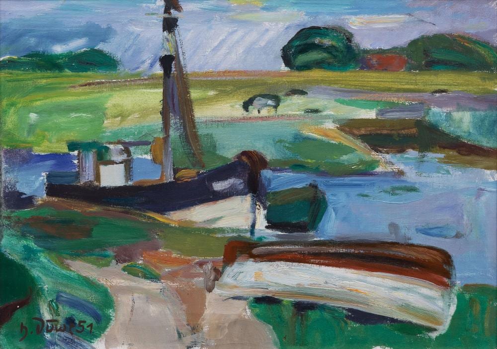 Harald Duwe comparable auction result: harald duwe hamburg 1926 tremsb ttel 1984 north german landscape with fishing boat