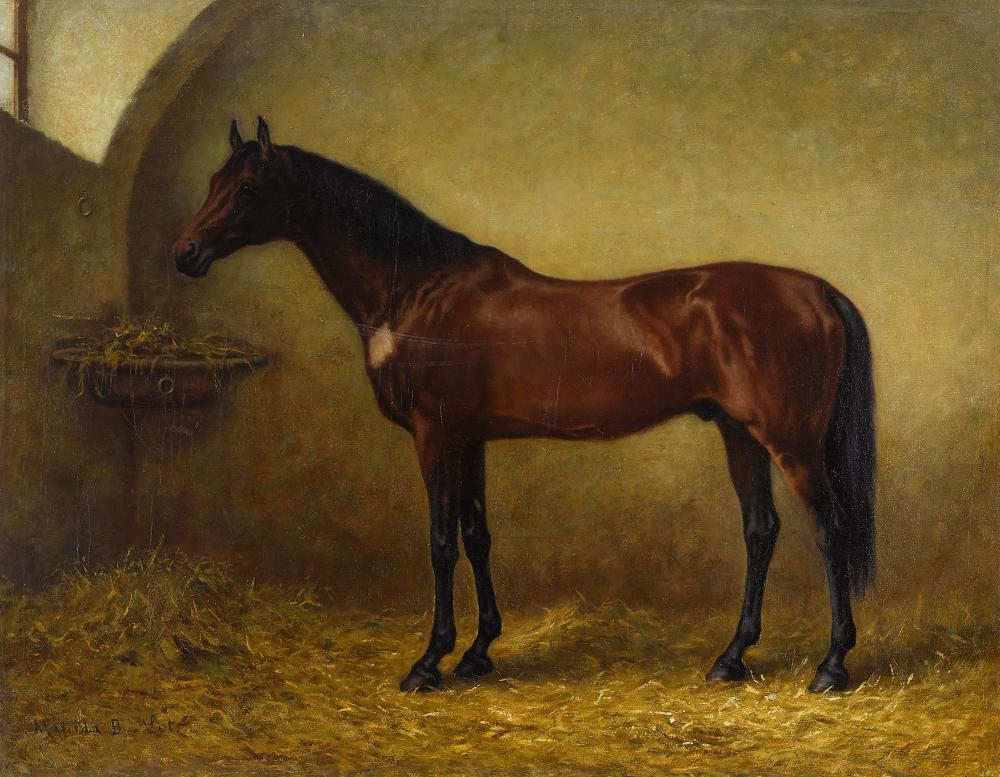 Brown horse standing in a stable stall, facing left, with hay-covered ground and a trough on the left.