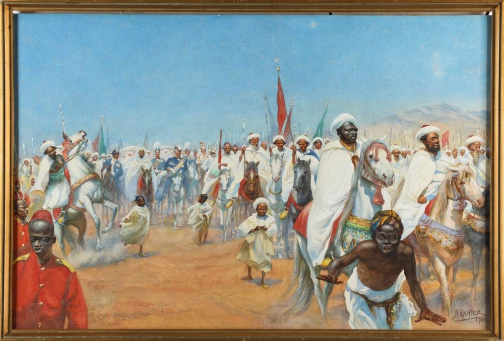 bruno richter entry of the german delegation into fez count von tattenbach 1905 watercolours · Kunst und Design Auktionshaus Schops Turowski · 2022-05-07 Bruno Richter comparable auction result: bruno richter entry of the german delegation into fez count von tattenbach 1905 watercolours