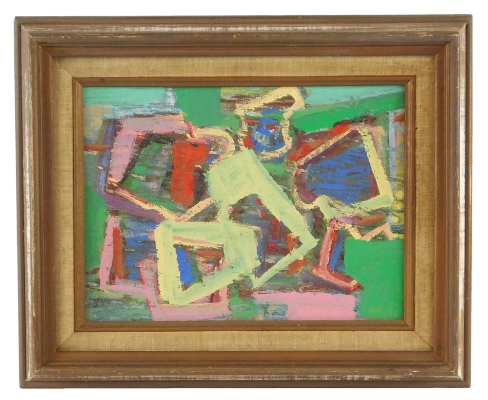 Ben Wilson comparable auction result: ben wilson american 1913 2001 interior 8 1987 oil on canvas abstract shapes layer over each other in different colors in