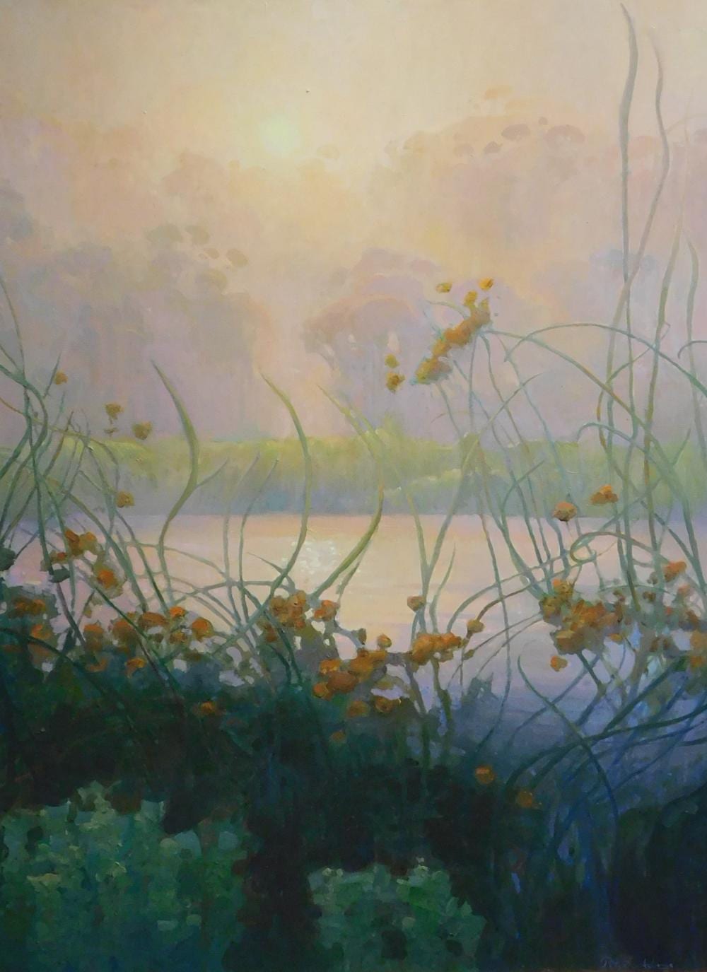 Peter Adams comparable auction result: peter adams american b 1950 waning light over buena vista lagoon oil on board tendrils of river grass frame body of sky ref