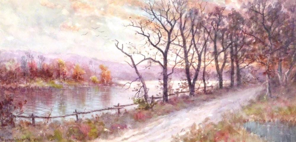 Wedworth Wadsworth comparable auction result: wedworth wadsworth american 1846 1927 autumn landscape 1904 watercolor on paper panoramic view of sun setting over river at