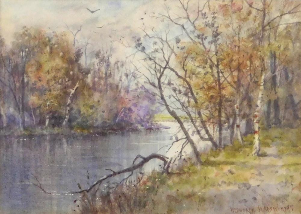 Wedworth Wadsworth comparable auction result: wedworth wadsworth american 1846 1927 river view watercolor depicts birch trees flanking path by winding river in summer si