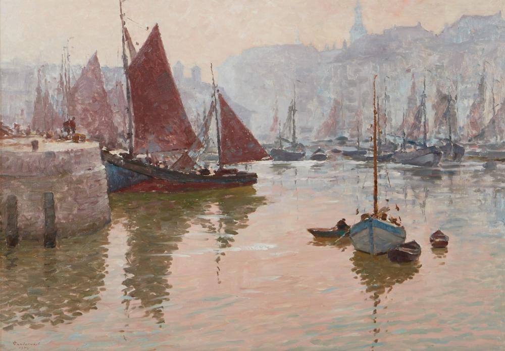 Armily Vandervael comparable auction result: armily vandervael belgian b 1908 matin aux vieux port d ostende 1974 oil on board 27 x 39in 69 x 99cm