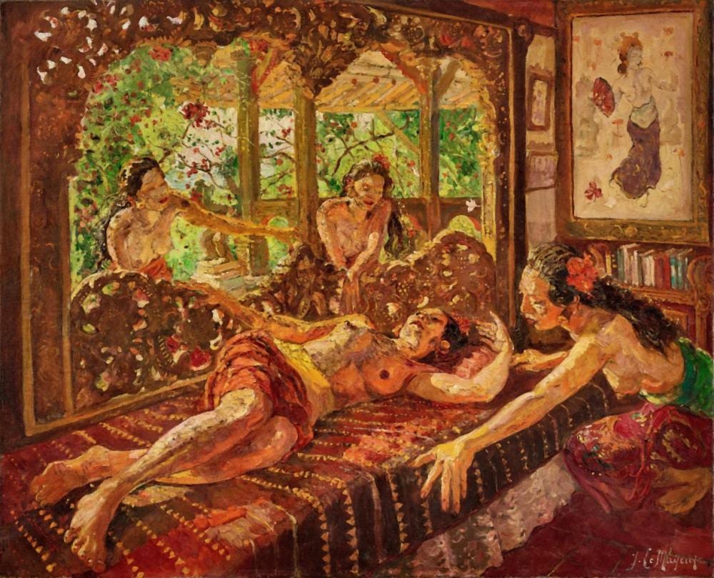 Adrien Jean Le Mayeur de Merprès 勒邁耶 - Four Balinese Women in the Interior of the Le Mayeur house, Sanur, Bali 勒邁耶家中的峇里四美 comparable sale