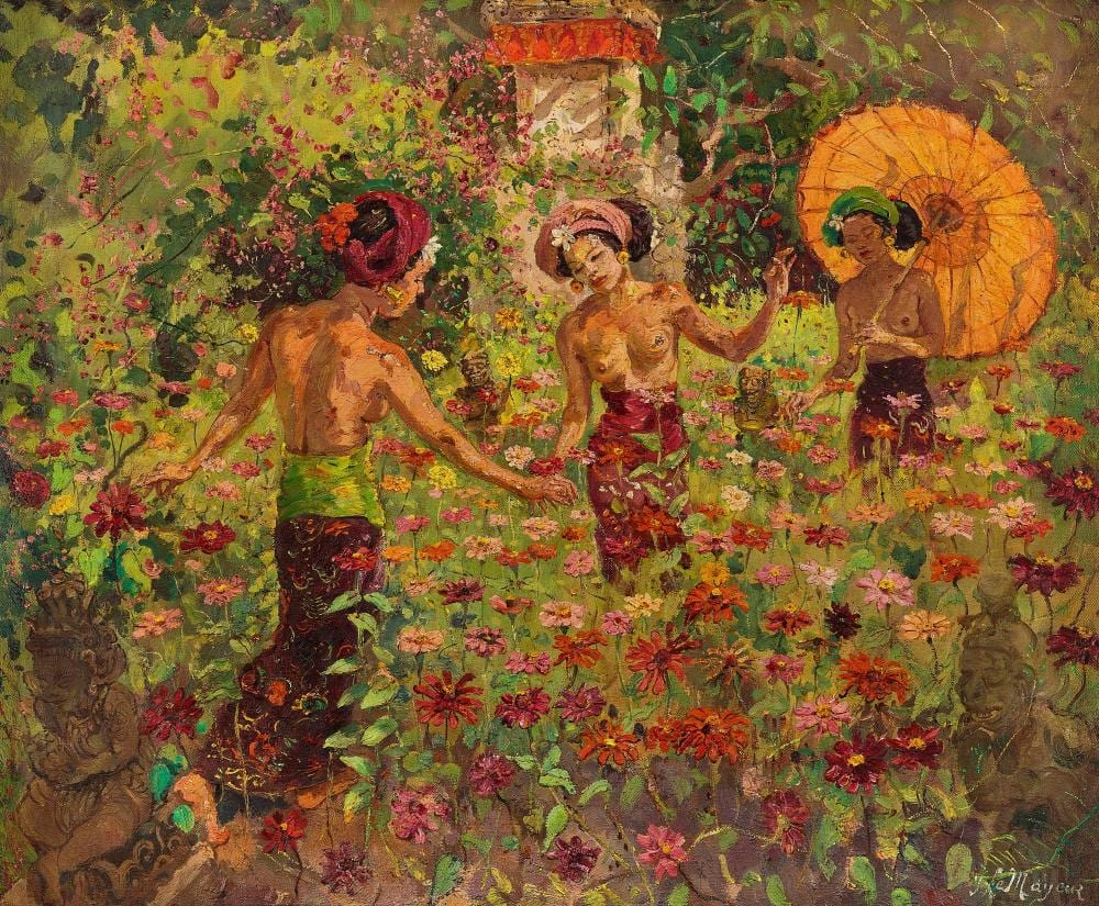 Adrien Jean Le Mayeur de Merprès 勒邁耶 - Three Balinese Women in Garden 花園裡的峇里三美 comparable sale