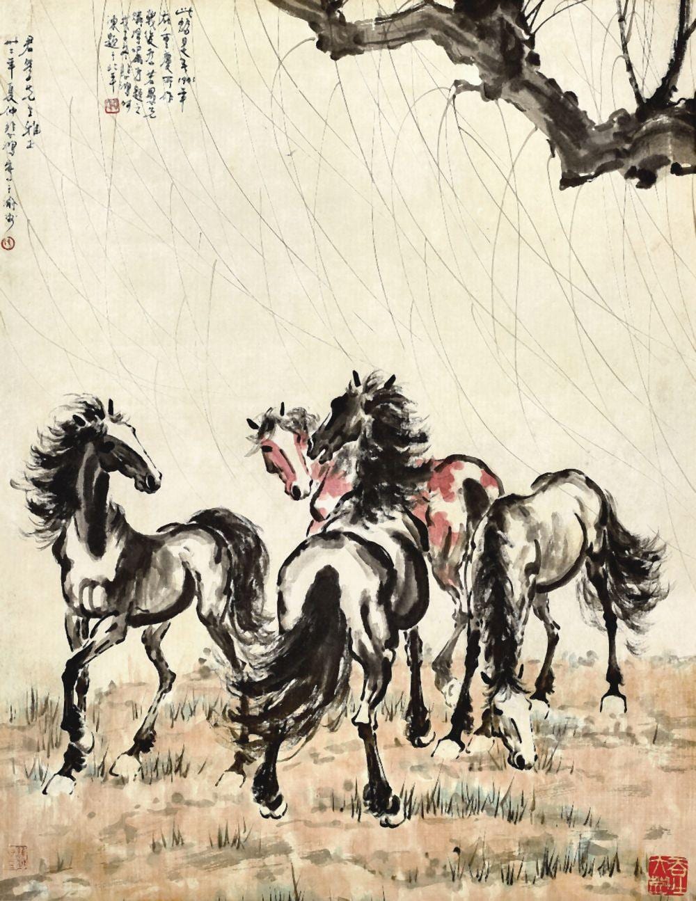 徐悲鴻 柳下群駿圖 - Xu Beihong, Four Horses Under the Willow comparable sale