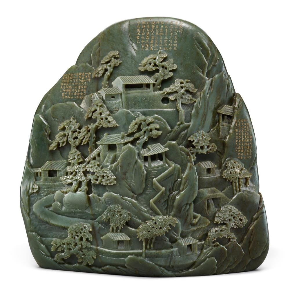 A magnificent and important gilt-inscribed Khotan-green jade ‘Tingxue Ge on Hanshan’ boulder Qing dynasty, Qianlong period - 清乾隆 和闐青玉御製詩寒山聽雪閣山子 comparable sale