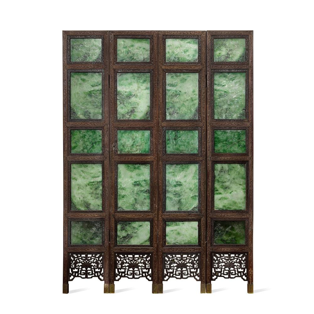 A hardwood four-panel screen inset with jadeite plaques Late Qing dynasty - 晚清 硬木嵌翠玉四扇圍屏 comparable sale