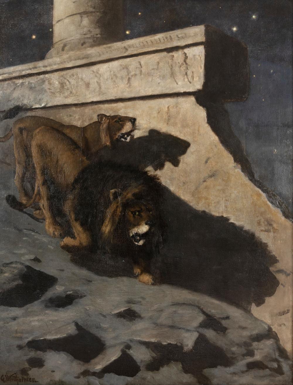 Gustav Wertheimer comparable auction result: couple of lions in front of ruins of an egyptian temple couple de lions devant les ruines d un temple gyptien