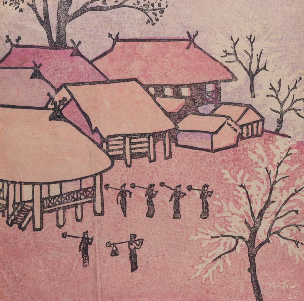 Thu Nguyen comparable auction result: nguyen thu vietnam 1930 workers at a mountain stilt house village linocut signed and dated 1988