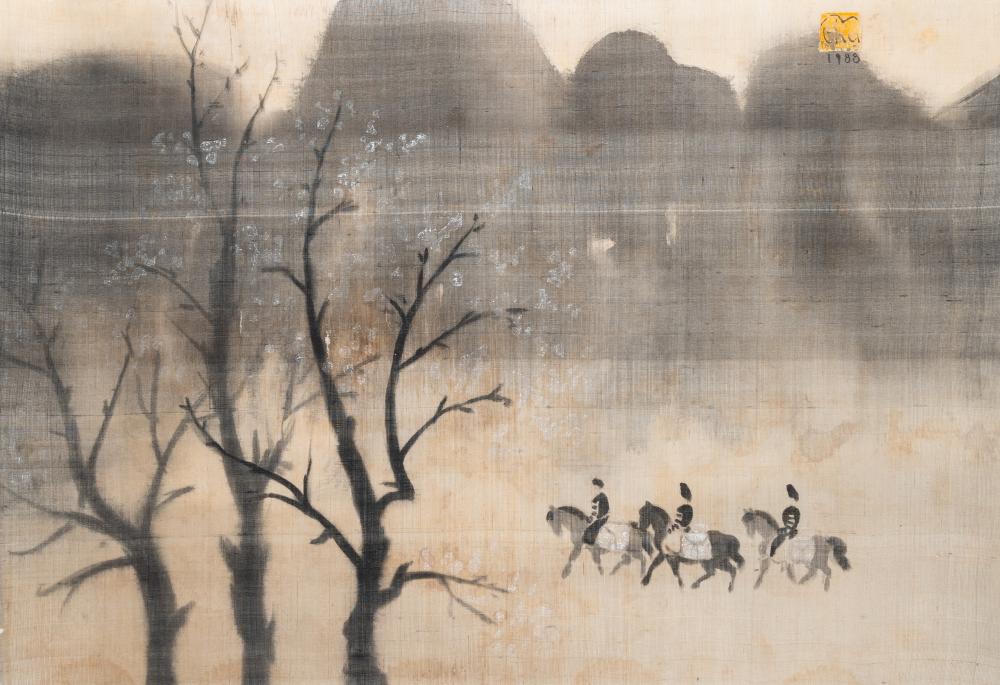 Thu Nguyen comparable auction result: nguyen thu vietnam 1930 mountain landscape with horseriders watercolour on silk signed and dated 1988