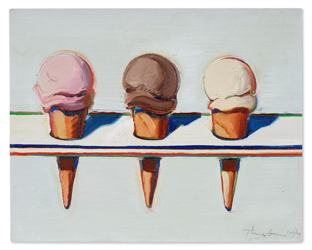 Wayne Thiebaud (1920 - 2021) Three Ice Cream Cones oil on canvas 12 x 15 in comparable sale