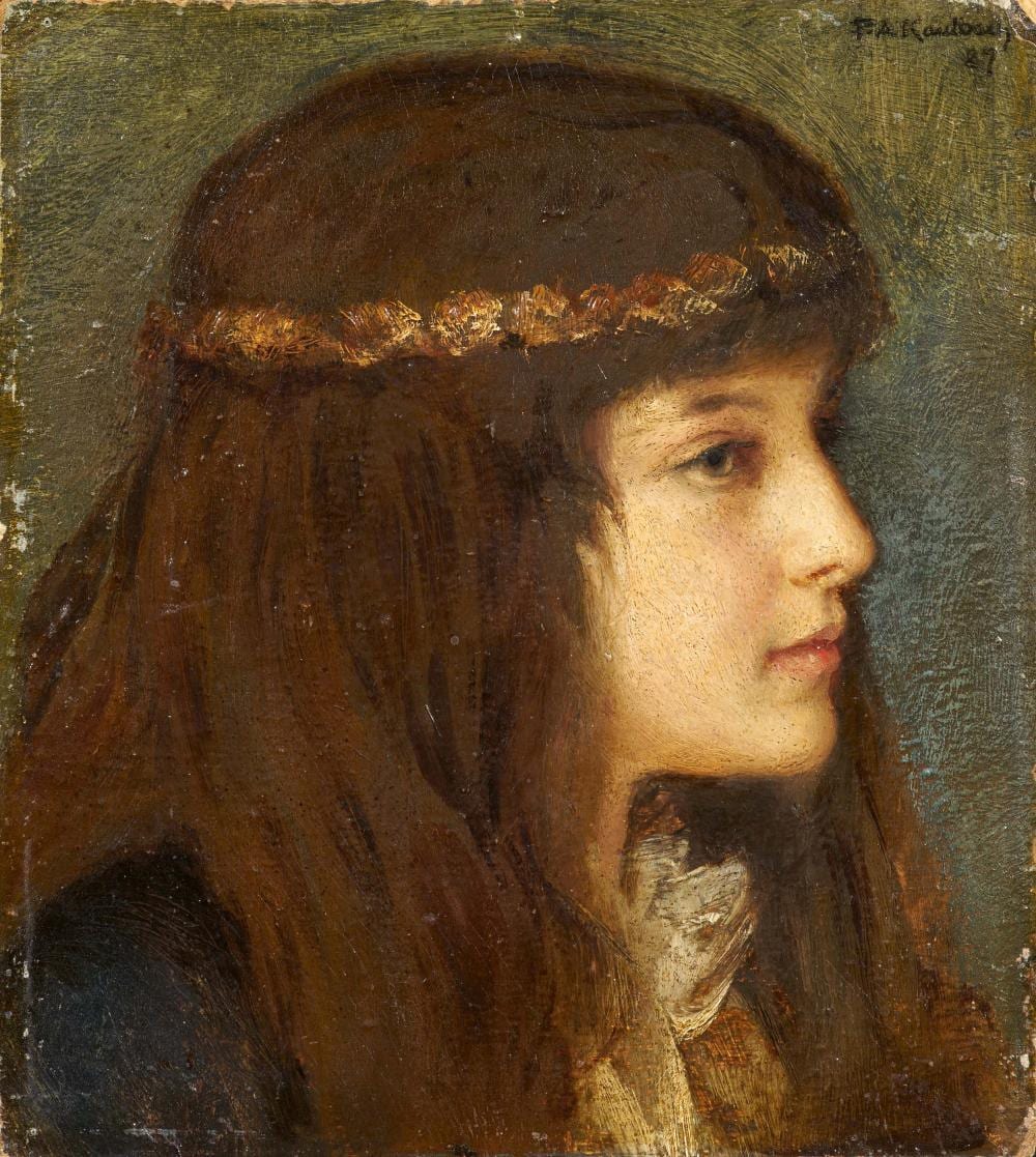Friedrich Kaulbach comparable auction result: portrait of a girl with a wreath of flowers in her hair