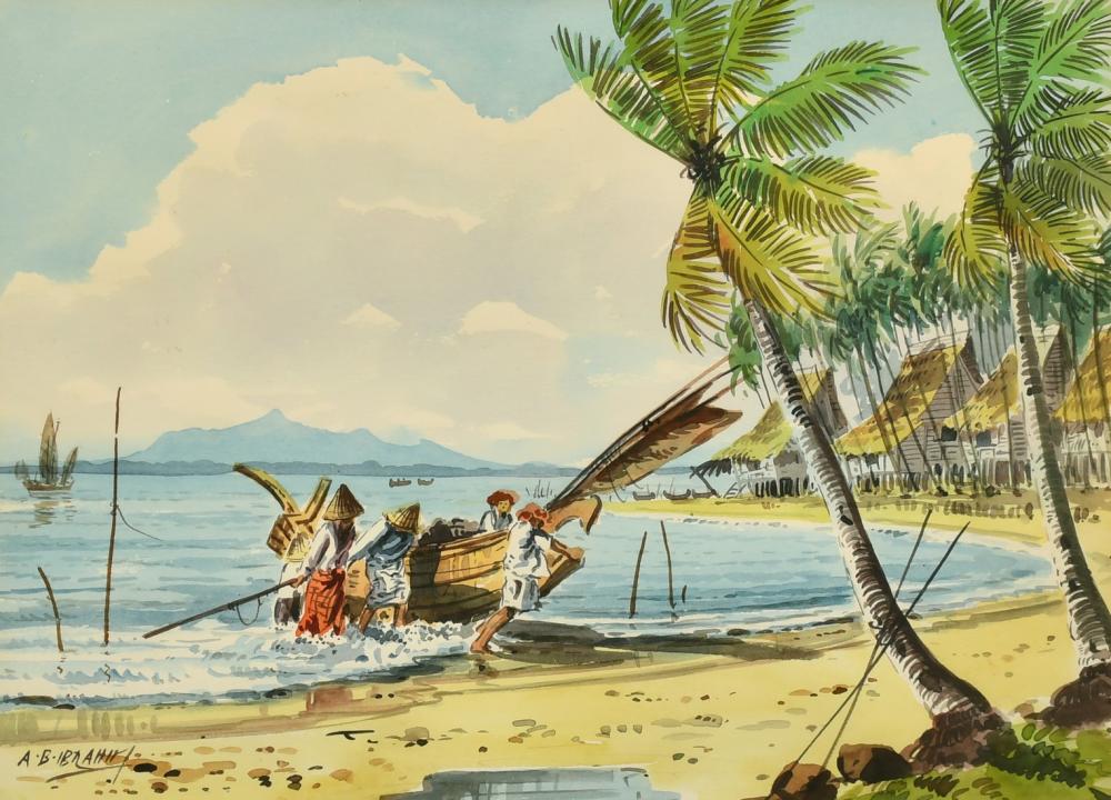 A. B. Ibrahim comparable auction result: a b ibrahim 1925 1977 malaysian figures pulling a fishing boat ashore watercolour signed 10 75 x 14 5