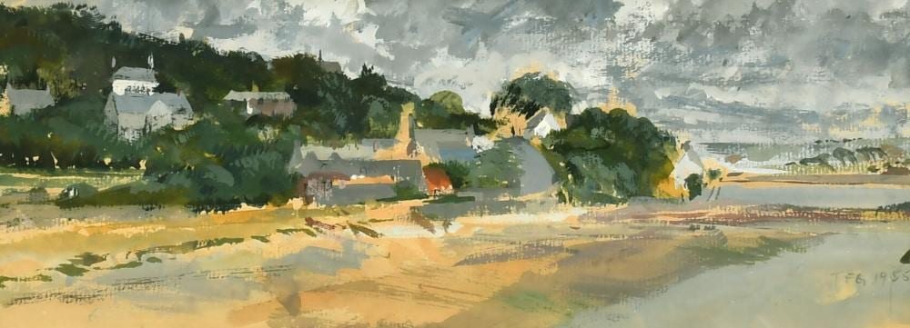 Timothy Gibbs comparable auction result: timothy gibbs 1923 2012 british rock cornwall a coastal scene with houses along the shore initialled in