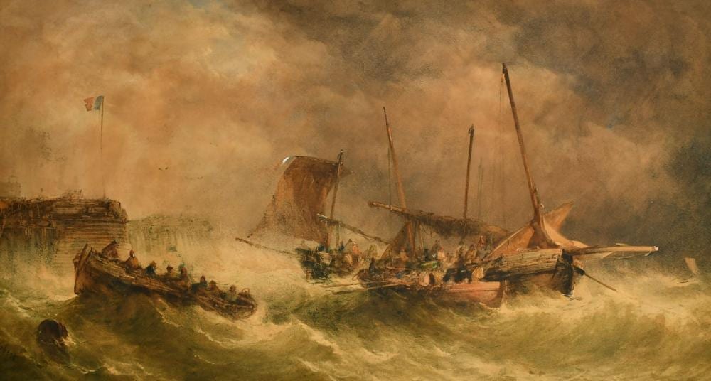 Alfred Herbert comparable auction result: alfred herbert 1818 1861 british shipping approaching a french port in difficult seas watercolour signed