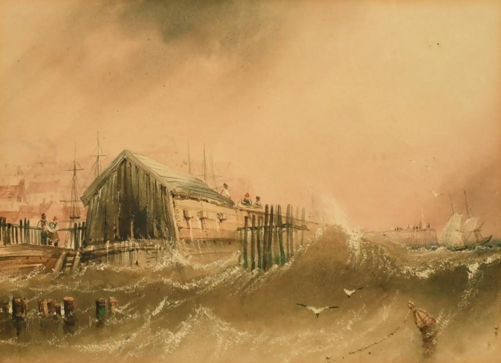 Henry Barlow Carter comparable auction result: henry barlow carter 1795 1867 british harbour jetty with stormy seas watercolour abbey antiques and art