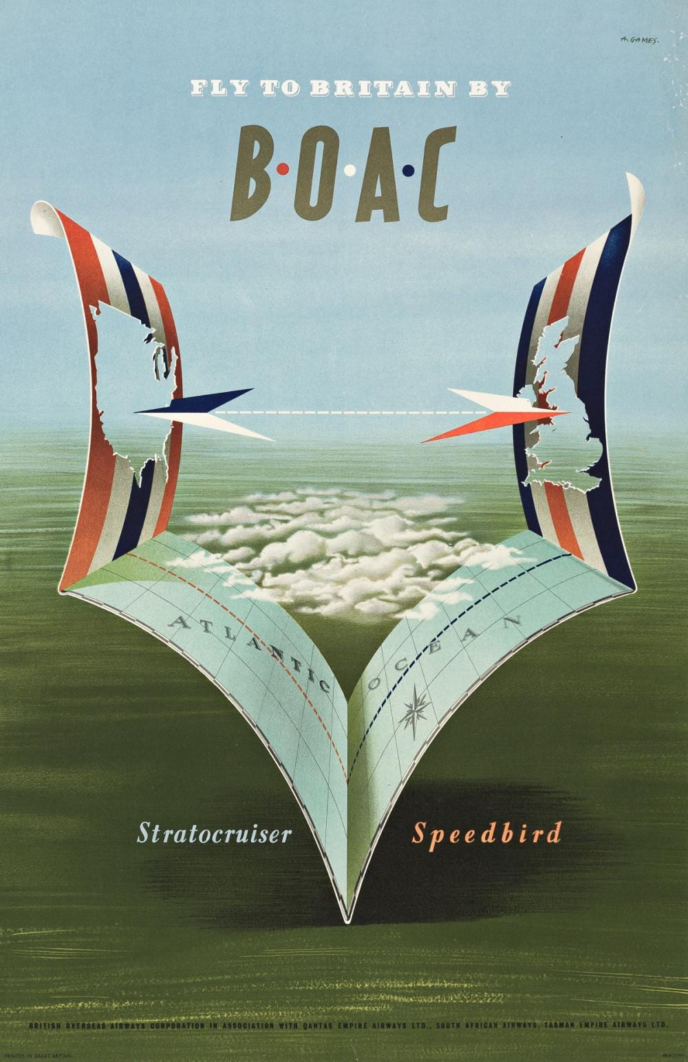 Abram Games comparable auction result: abram games 1914 1996 fly to britain by b o a c 1949 30x19 inches 76 x49 cm
