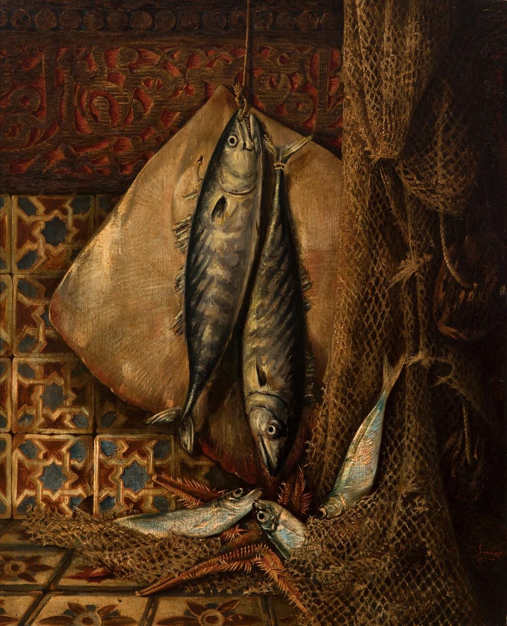 Horacio Lengo Martínez comparable auction result: horacio lengo mart nez torremolinos m laga 1840 madrid 1890 still life with fish and nasrid tiles oil on panel signed in the lower right corner