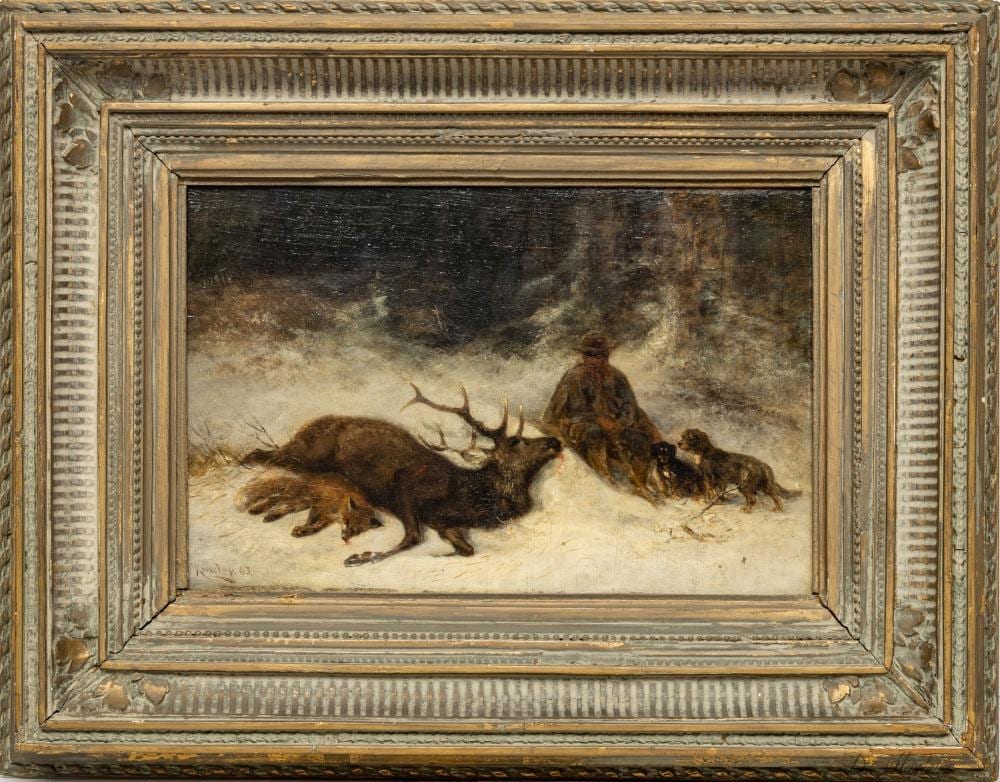 Nelson Gray Kinsley comparable auction result: nelson kinsley american 1863 1945 oil on beveled mahogany 1883 h 8 w 12 hunting scene
