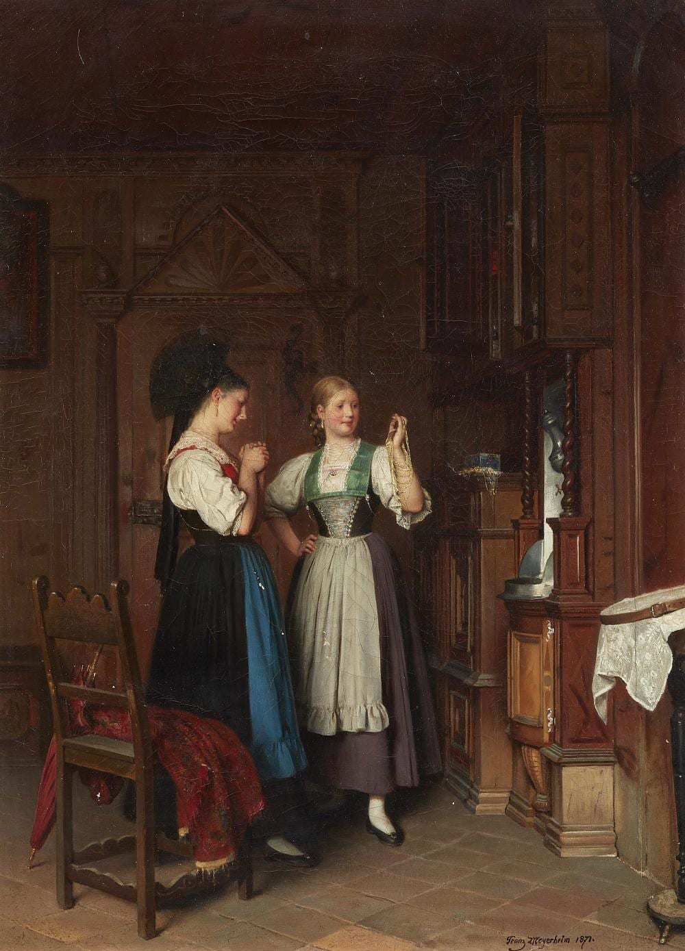 Franz Meyerheim comparable auction result: franz meyerheim two young ladies discussing gold necklaces