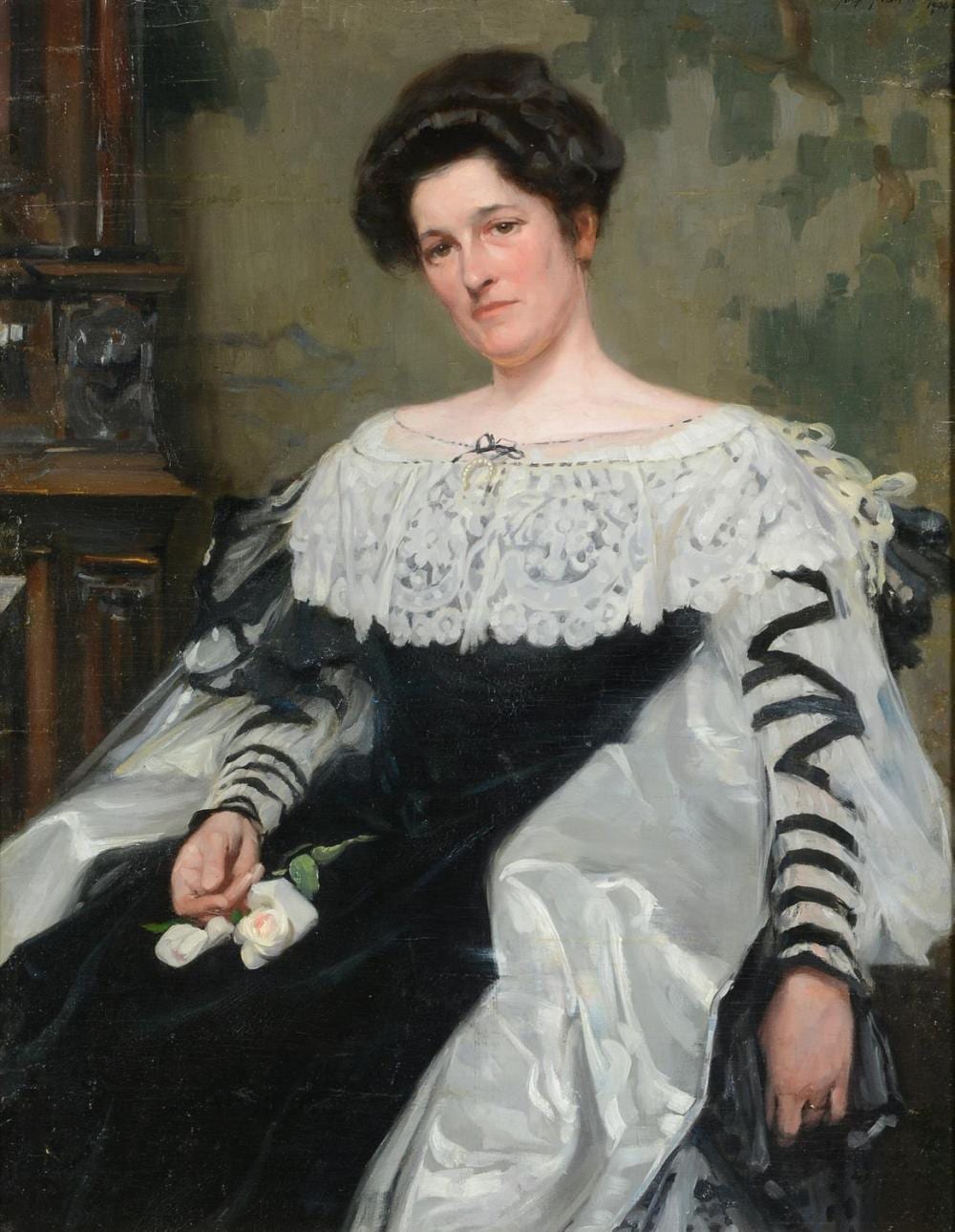 Alexander Mann comparable auction result: alexander mann scottish 1853 1908 portrait of a lady seated wearing a white lace trimmed dress