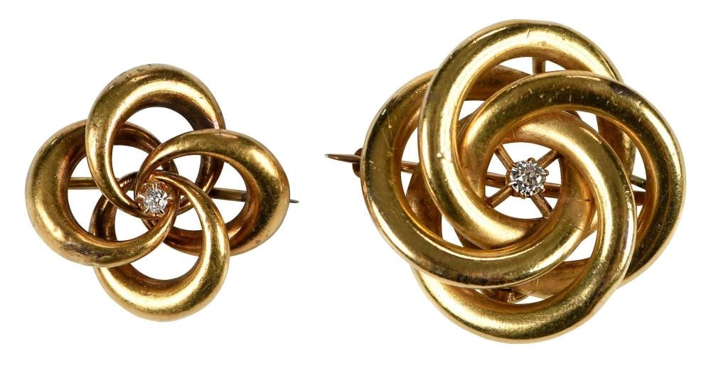 Two Antique 18kt. Brooches sold by Brunk Auctions, lot 447 — auction record photograph