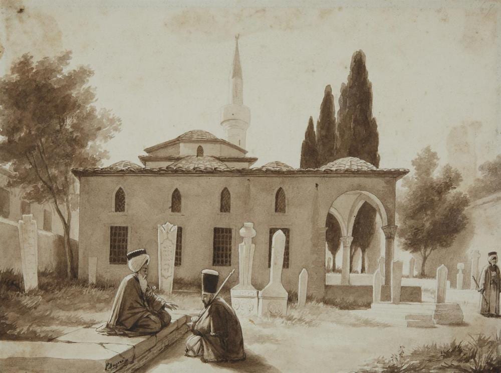 Louis (1789) Dupré comparable auction result: louis dupr 1789 1837 cimeti re de la mosqu e f thyie gr ce cimetery behind the fethye mosque greece lavis sur papier si