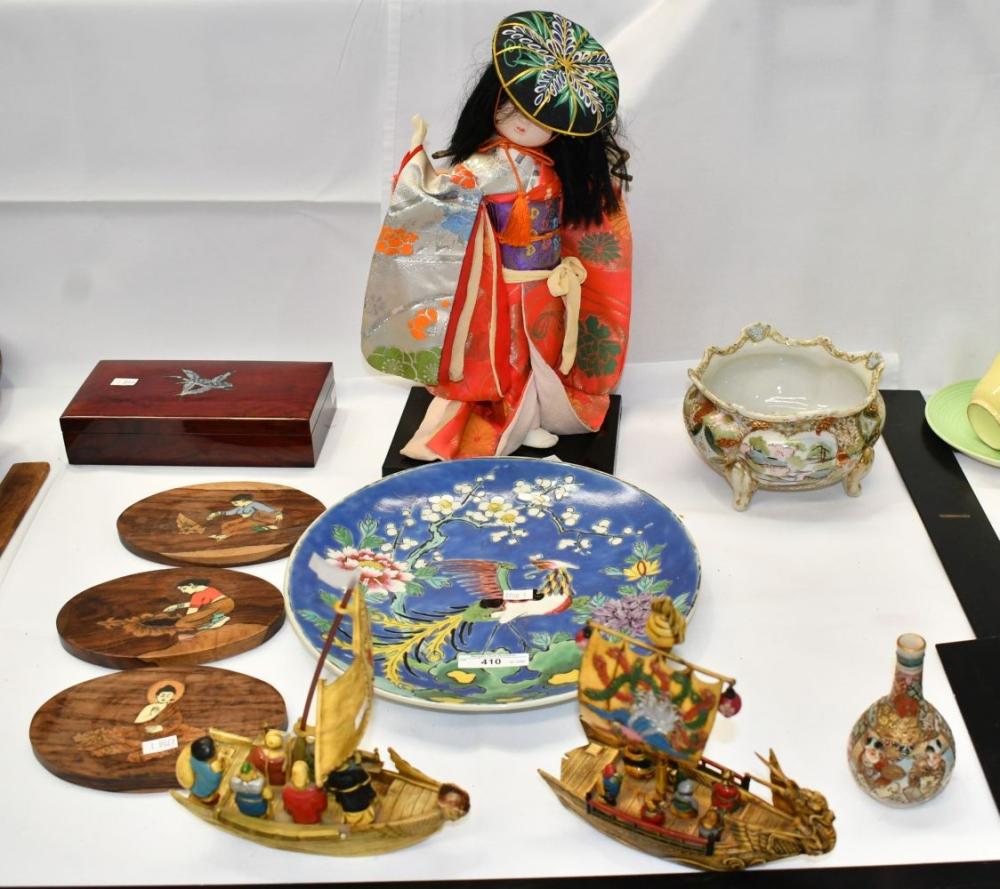 Assorted Asian items including Nippon polychrome porcelain charger, rooster and floral design, small Satsuma vase, children panels inside floral ground, vintage signed Japanese porcelain quad footed bowl, figure decorate sold by Bargain Hunt Auctions, lot 410 — auction record photograph