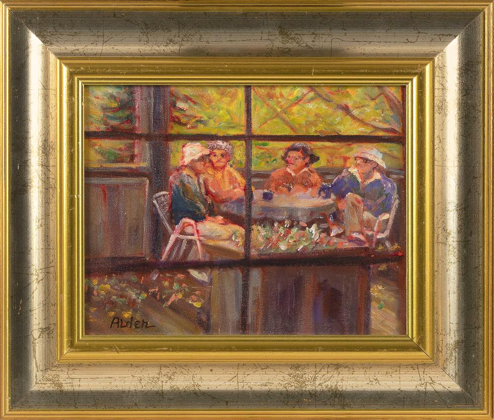 Selma Alden comparable auction result: selma alden massachusetts contemporary ladies at lunch oil on board 8 x 10 framed 13 x 15