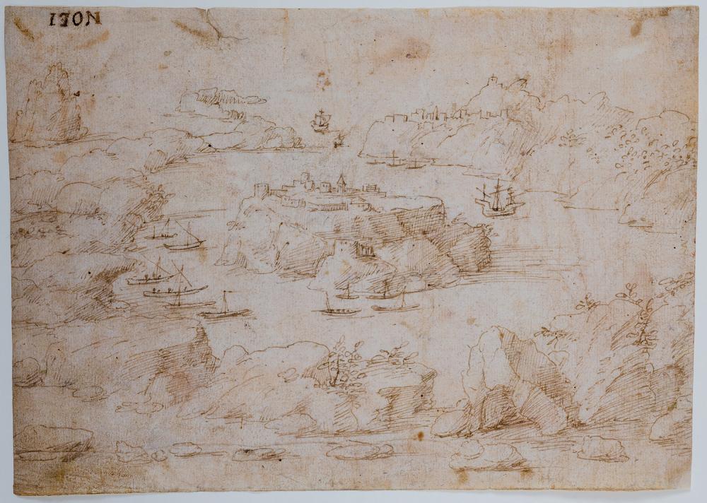 Gherardo Cibo comparable auction result: gherardo cibo 1512 1600 fortress on an island in the middle of a lake with many boats