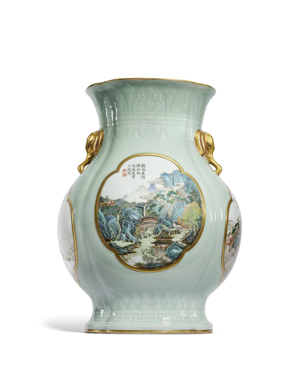 A Magnificent And Important Yangcai Painted 'IMPERIAL POEMS AND LANDSCAPES' INCISED CELADON-GROUND LOBED OVAL VASE Qianlong seal mark and of the period comparable sale