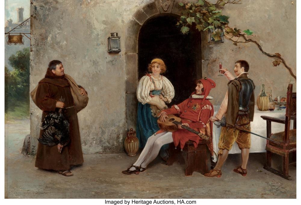 Antonio Rotta comparable auction result: antonio rotta italian 1828 1903 a visit from the friar oil on panel 13 3 4 x