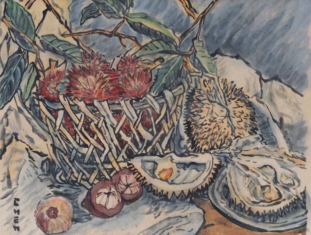 Georgette Liying Chen comparable auction result: georgette chen 1906 1993 still life with durians mangosteens and rambuta
