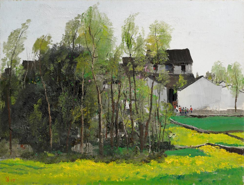 Wu Guanzhong (1919-2010) House in Shaoxing oil on board 46 x 61 cm. (16 1/8 comparable sale