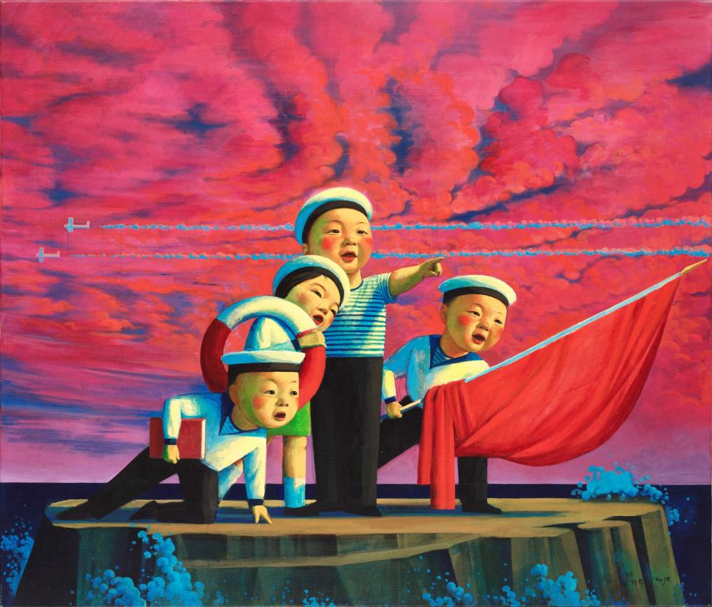 Liu Ye (B. 1964) The Sailors With Red Flag acrylic on canvas 120 x 140 cm. comparable sale