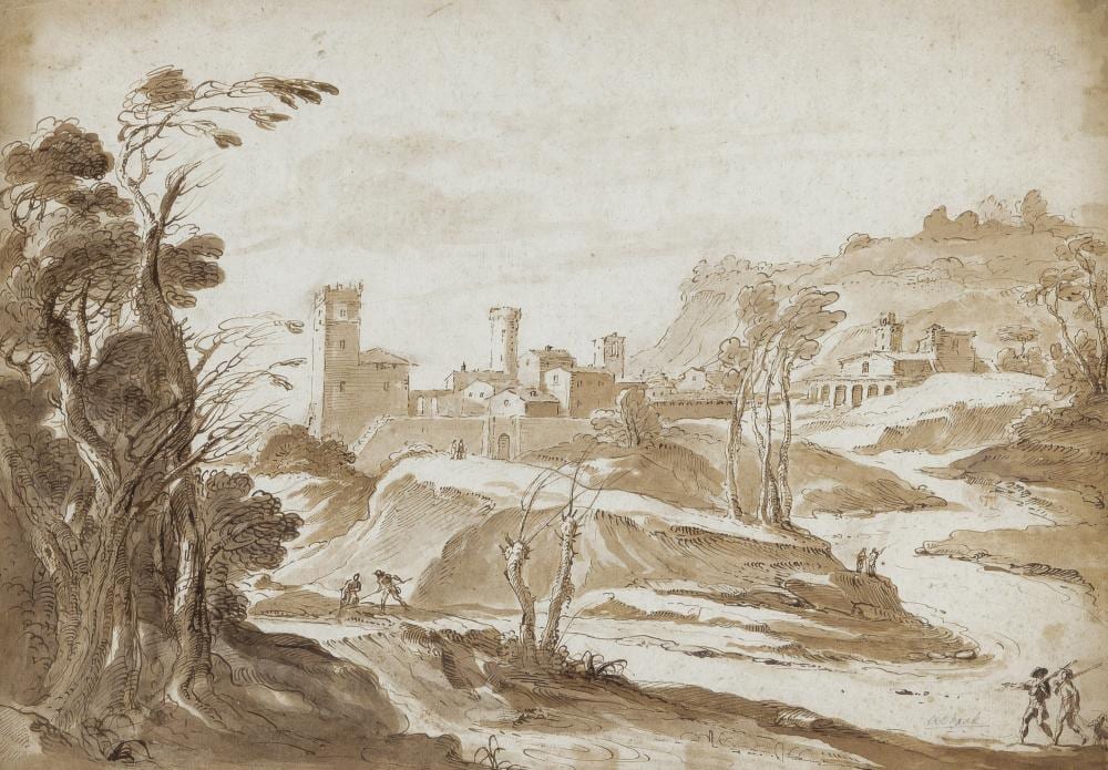 Aureliano Milani comparable auction result: aureliano milani italian 1675 1749 two hunters and other figures in a landscape a town in the middle distance